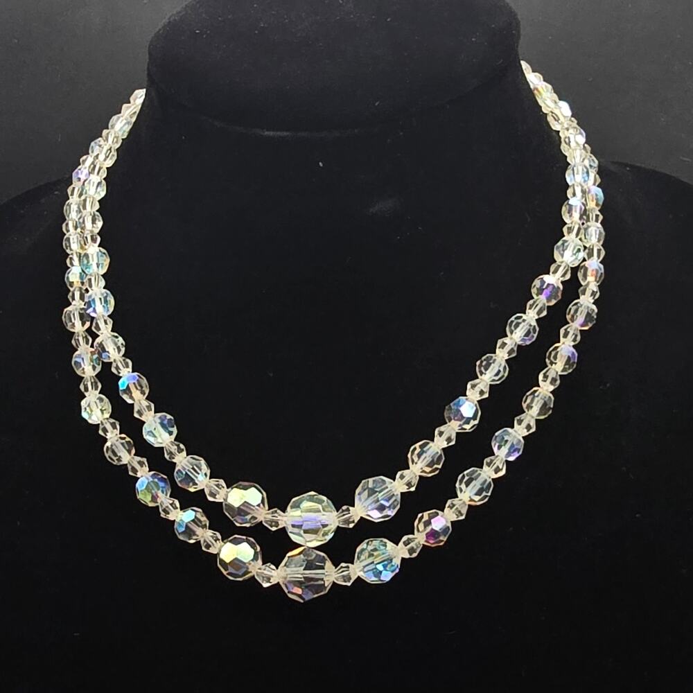 Lady Ellen Aurora Borealis Glass Beaded Necklace Double Two Layer Vintage